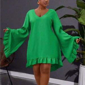 Green Ruffled Tiered Bell Sleeve V-Neck Dress